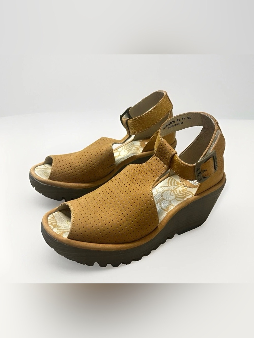 Fly London Sandals Yall Perforated Leather Wedge Women 36 US 6 Comfort Boho